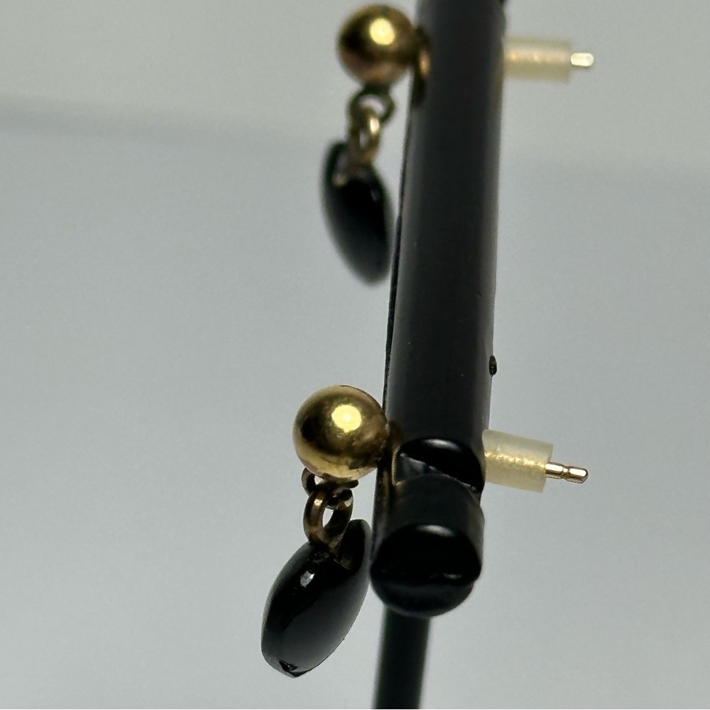 SOLD Antique 14K Solid Gold Stud Earrings w. Natural Onyx Hearts | Beautiful - Picture 6 of 7
